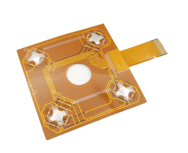 FPC circuit - film switch and PCB using the same patch welding process, mainly to solve the ordinary film switch LED easy short circuit open circuit problem. Widely used in high - end instruments and products with high stability requirements. Membrane switch is an operating system that integrates key functions, indicators and dashboards. It consists of four parts: panel, upper circuit, isolation layer and lower circuit. When the film switch is pressed, the contacts of the upper circuit deform downward and make contact with the board of the lower circuit. After the finger is released, the upper circuit contact springs back, the circuit is disconnected, and the circuit triggers the signal. Membrane switch structure, beautiful appearance, good air tightness. It has the characteristics of long service life. Widely used in electronic communication, electronic measuring instruments, industrial control, automotive industry, intelligent toys, household appliances and other fields. The plastic substrate of 0.25mm and below is called film and is mainly used as the panel layer of film switch. Various indicative patterns and words are printed on the back, indicating the operation area corresponding to the open key position. Thickness selection should be based on the size of the panel and the button, thick material, tactile increase, slow response; Material is too thin, feel poor, rebound is not obvious. Thickness above 0.25mm is called sheet and is not suitable for 3d key forming. It can be used as an indicator panel for the keyless operation area and as a lining board for the film switch to improve its hardness.